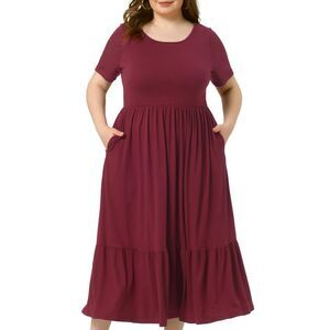 Plus Size Short Sleeve Crew Neck Basic Swing Flowy Maxi Boho Dress Burgundy